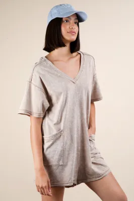 VERY J Mineral Wash Oversized Romper-Taupe
