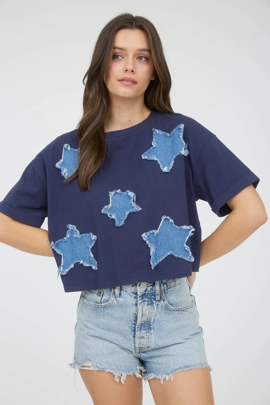 B.Pepper Denim Star Patch T-shirt-Navy