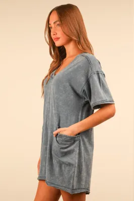 VERY J Mineral Wash Oversized Romper-Denim