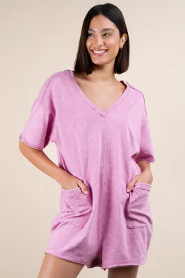 VERY J Mineral Wash Oversized Romper-Orchid
