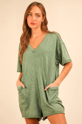 VERY J Mineral Wash Oversized Romper-Sage