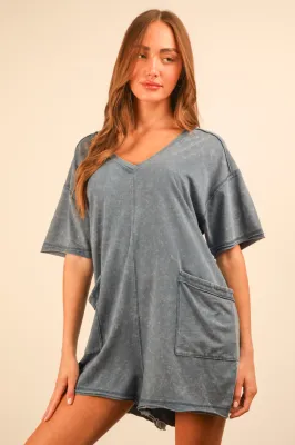 VERY J Mineral Wash Oversized Romper-Denim