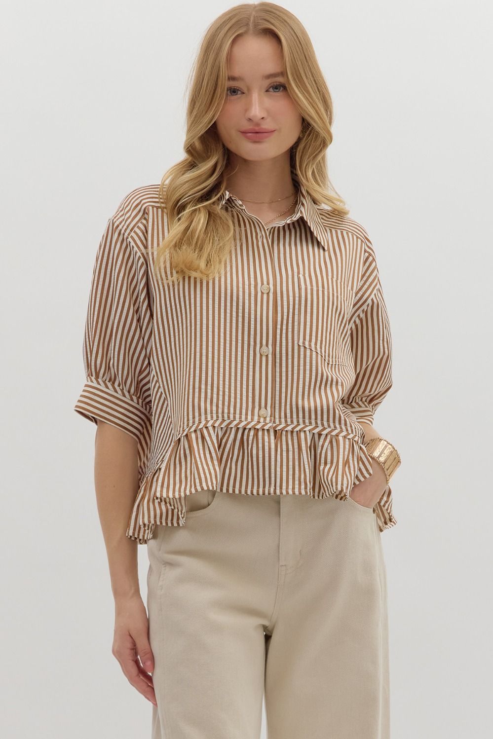Entro Brown Peplum Stripe Top