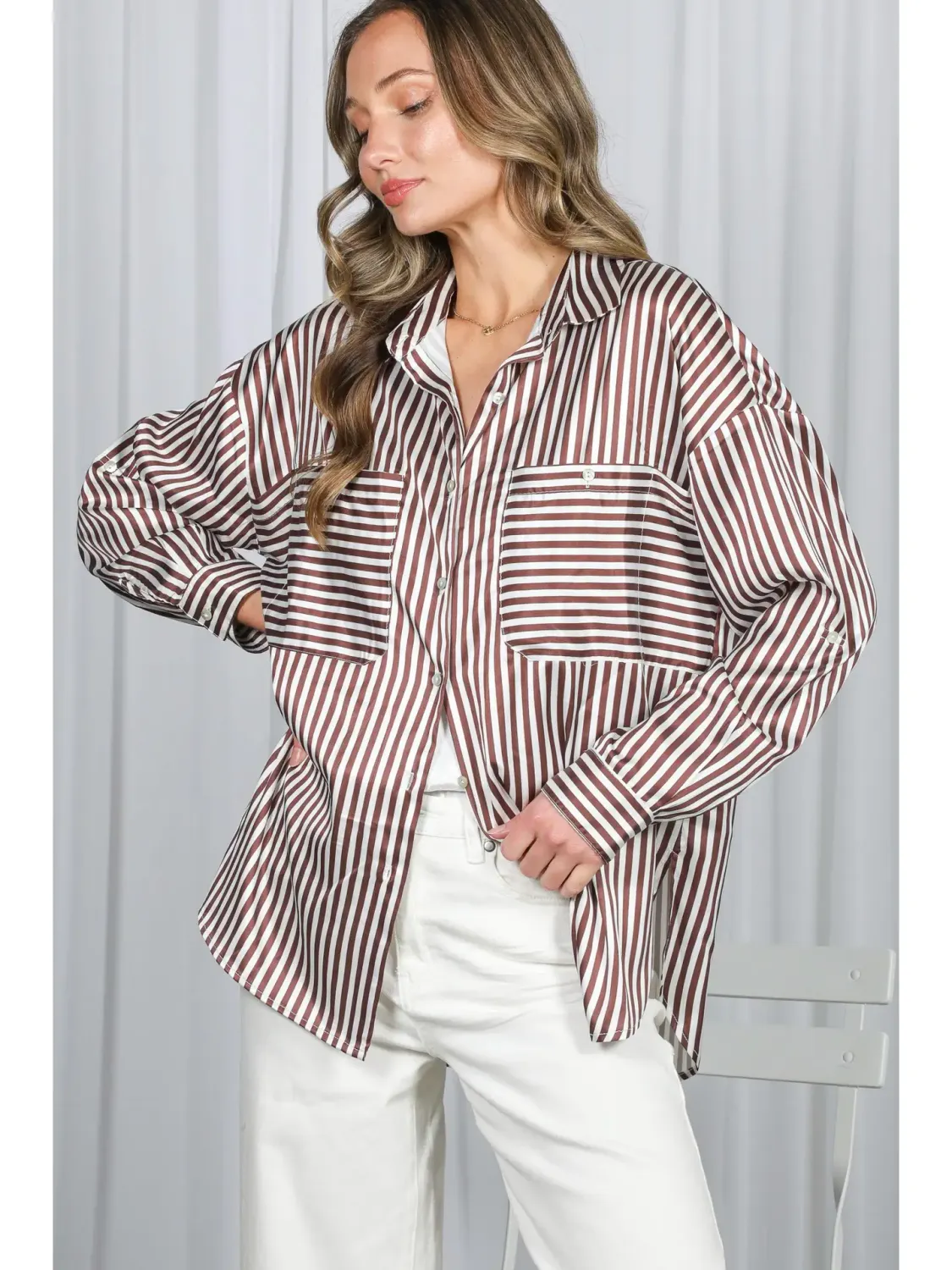 V&amp;L Brown Striped Satin Shirt
