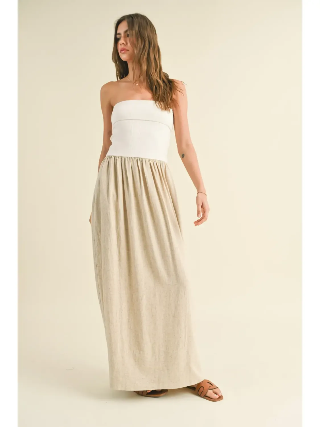 Miou Muse Sylvia Ribbed Combo Dress-Oatmeal 