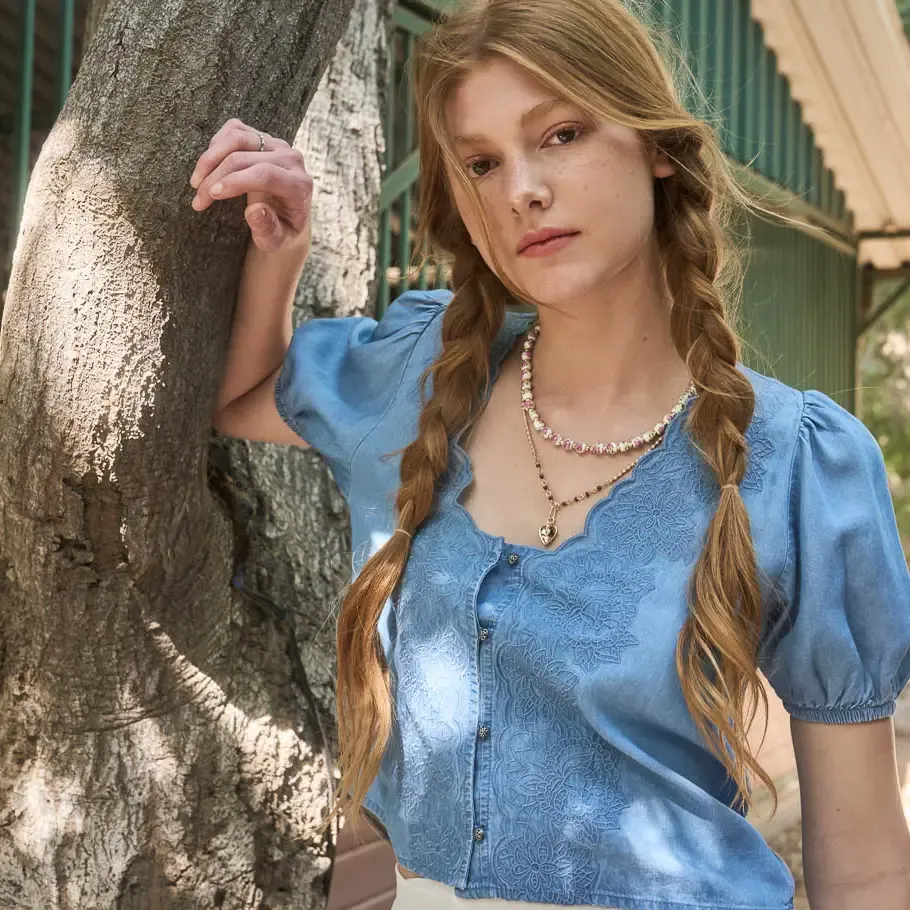 B.P Scalloped Trim Button Down Top 