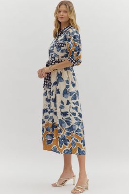 ENTRO Indigo Blossom Midi Dress