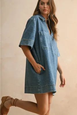 MIOU MUSE V-Neck Denim Tunic Dress