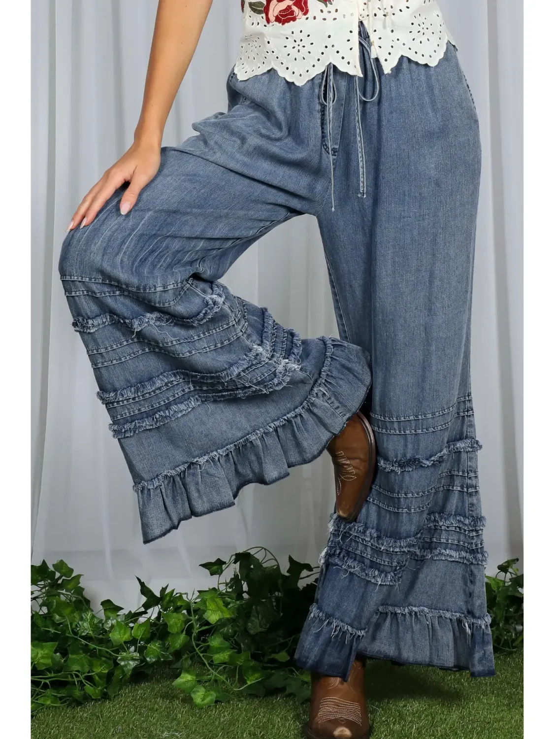 V&amp;L Wide Leg Tiered Denim Pants