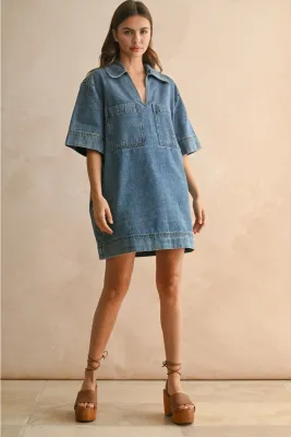 MIOU MUSE V-Neck Denim Tunic Dress
