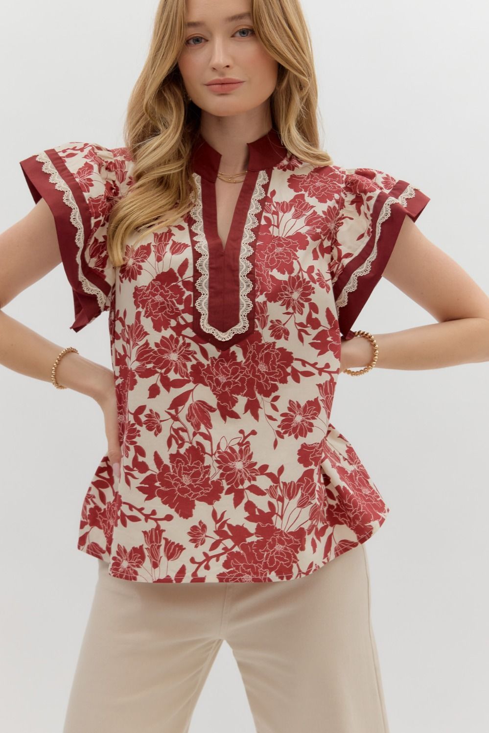 ENTRO Floral Lace Trim Ruffle Sleeve Blouse