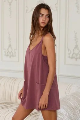 BL Mineral Washed Mini Dress/Romper Burgundy