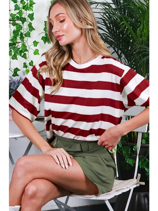 V&amp;L Burgundy Crew Neck Stripe Top 81762A