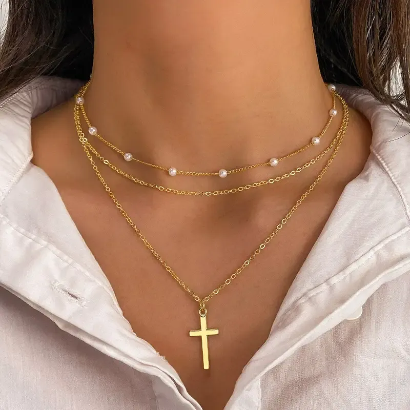 JOSSLYN 18K SS Pearl Cross Layered Necklace 