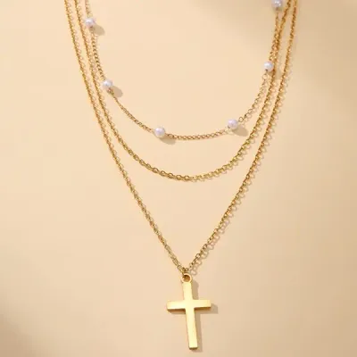 JOSSLYN 18K SS Pearl Cross Layered Necklace 