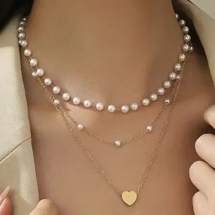 JOSSLYN 18K SS Pearl Heart Layered  Necklace 