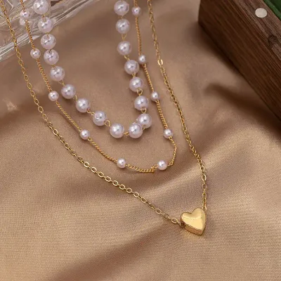 JOSSLYN 18K SS Pearl Heart Layered  Necklace 