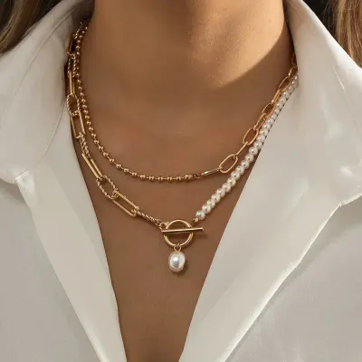 JOSSLYN Pearl Double Layer Toggle Necklace 