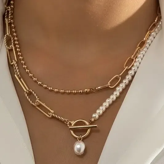 JOSSLYN Pearl Double Layer Toggle Necklace 