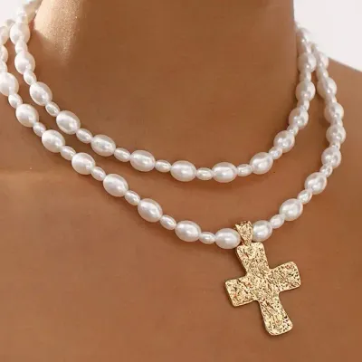 JOSSLYN Lustrous Pearl Cross Necklace 