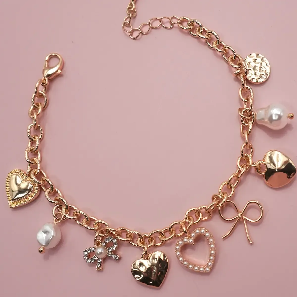 JOSSLYN Bow Heart Pearl Charm Bracelet 