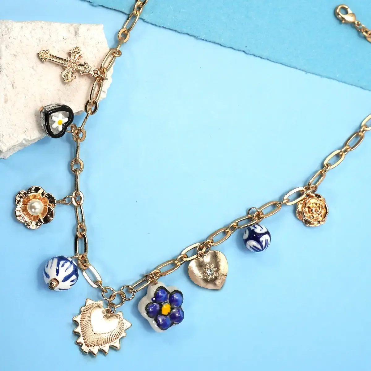 JOSSLYN Blue Ceramic Charm Necklace