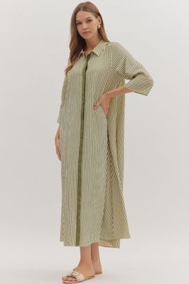 ENTRO Olive Seersucker Stripe Dress