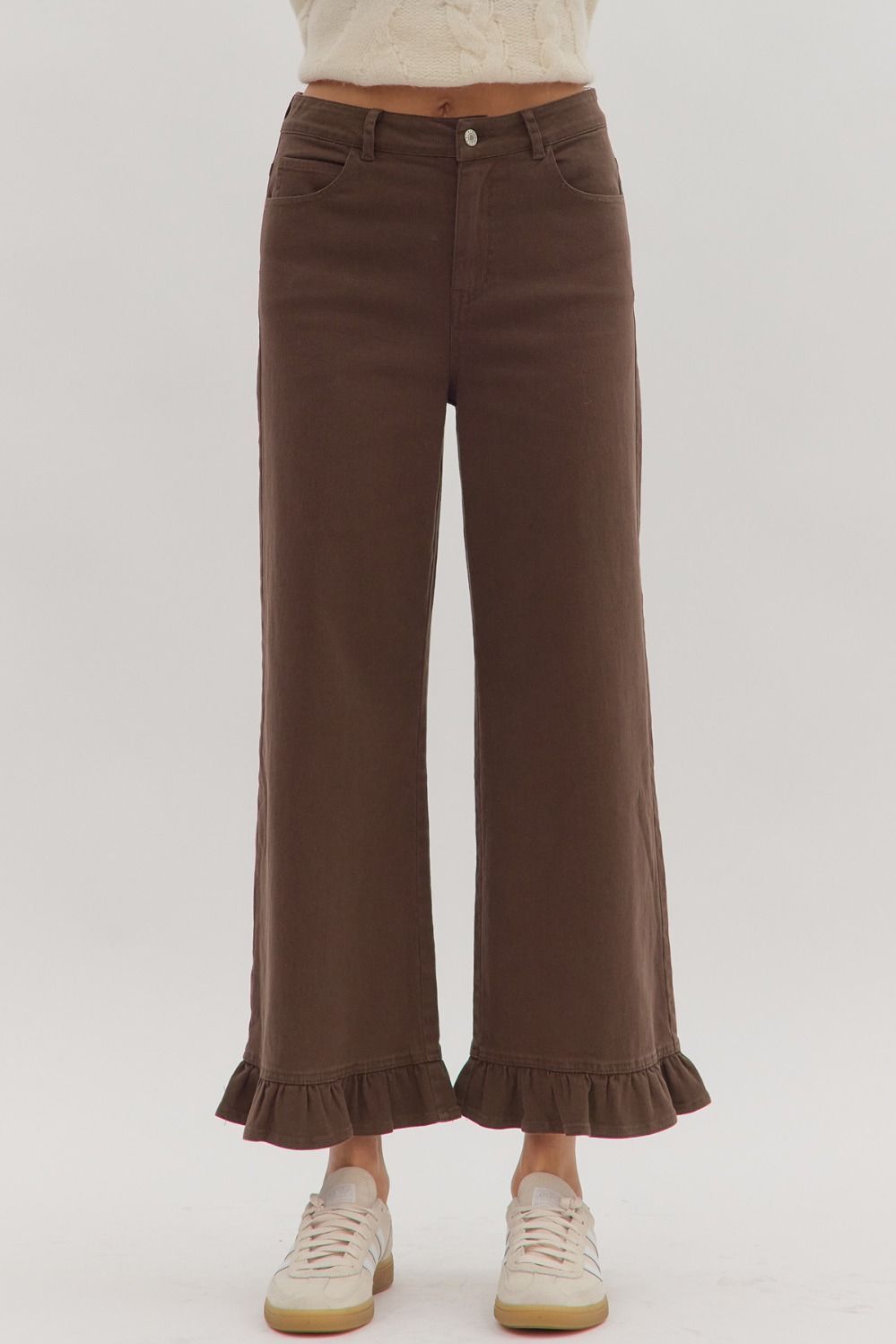 ENTRO Brown Ruffle Hem Pants P28830