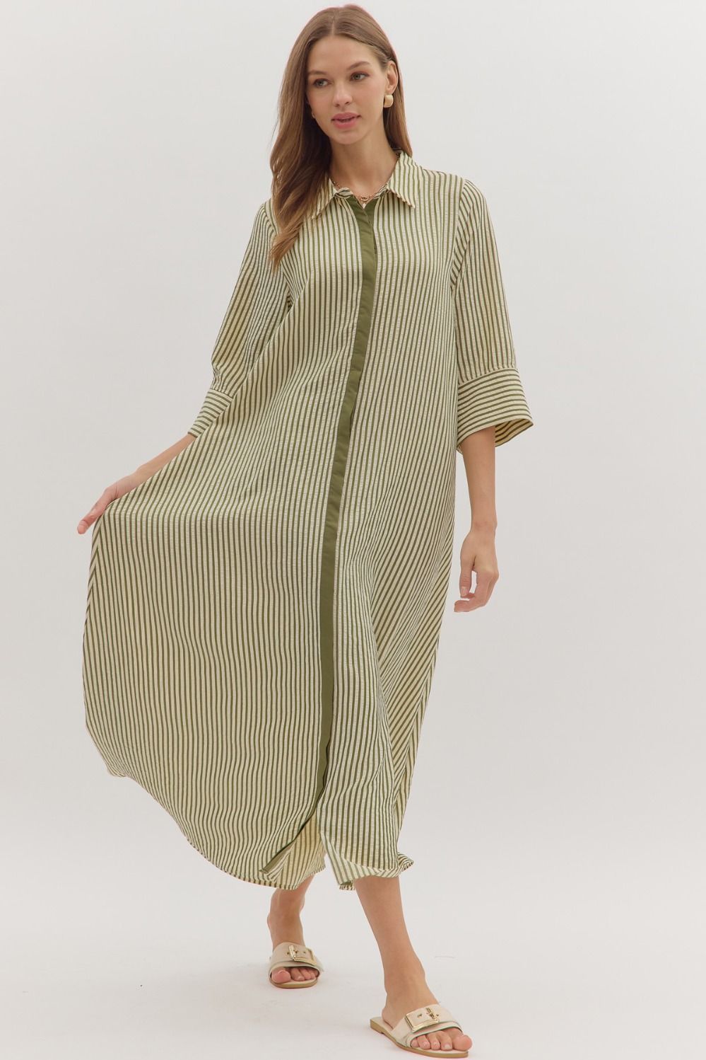 ENTRO Olive Seersucker Stripe Dress