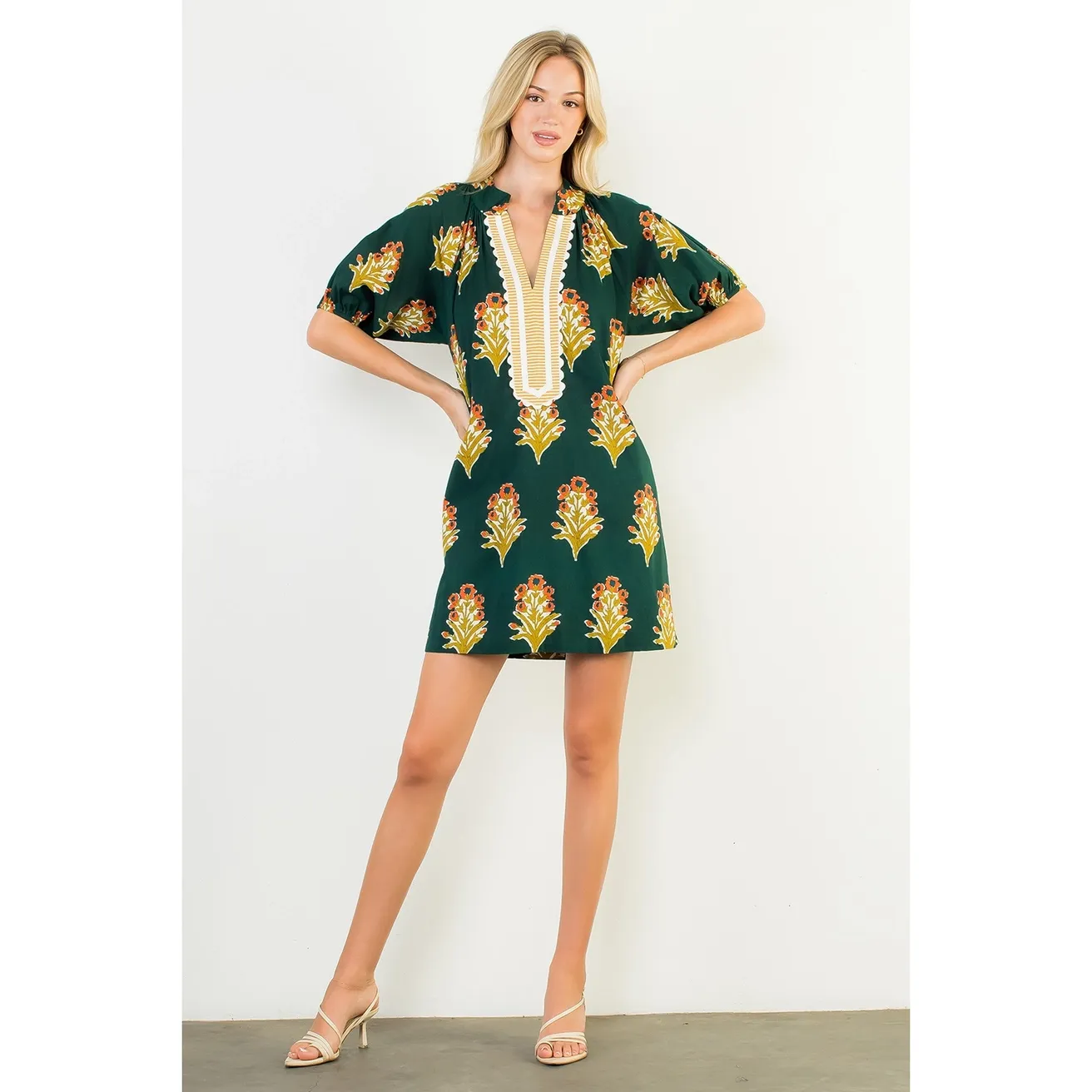 THML Green Floral V-Neck Dress