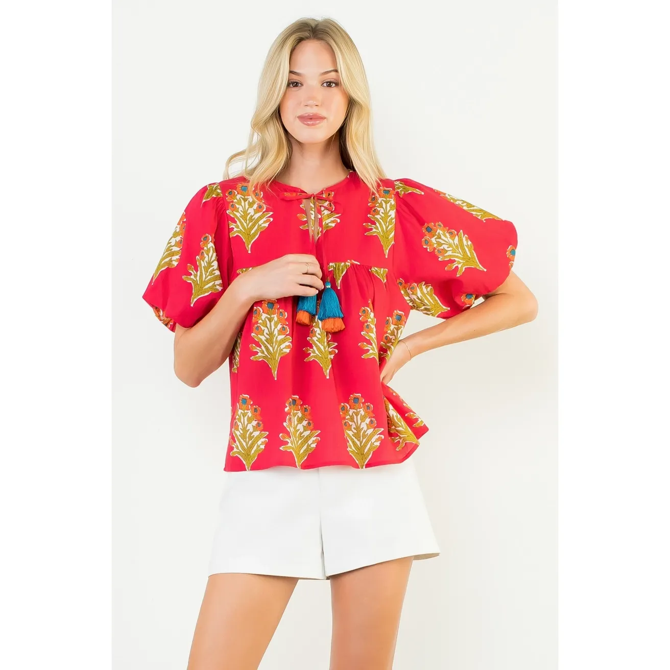 THML Magenta Floral Tassel Top