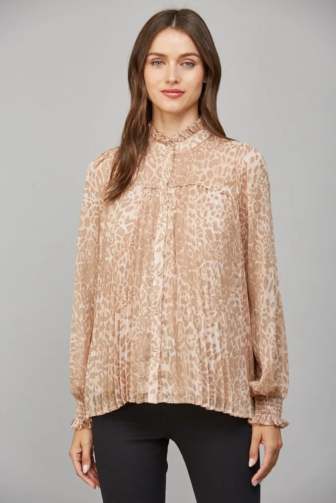 FATE Animal Print Chiffon Pleated Blouse