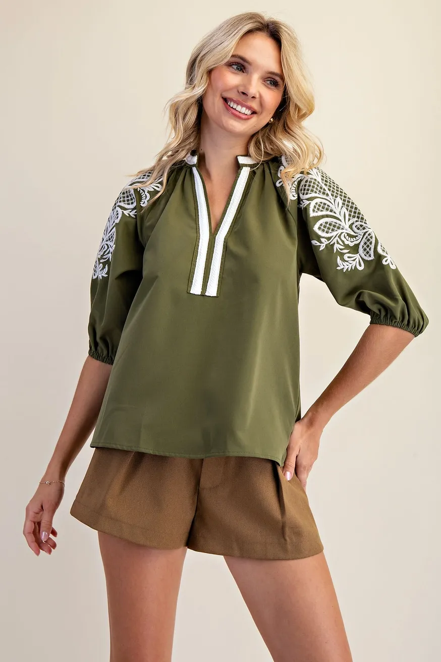 Kacey Olive Embroidered Top