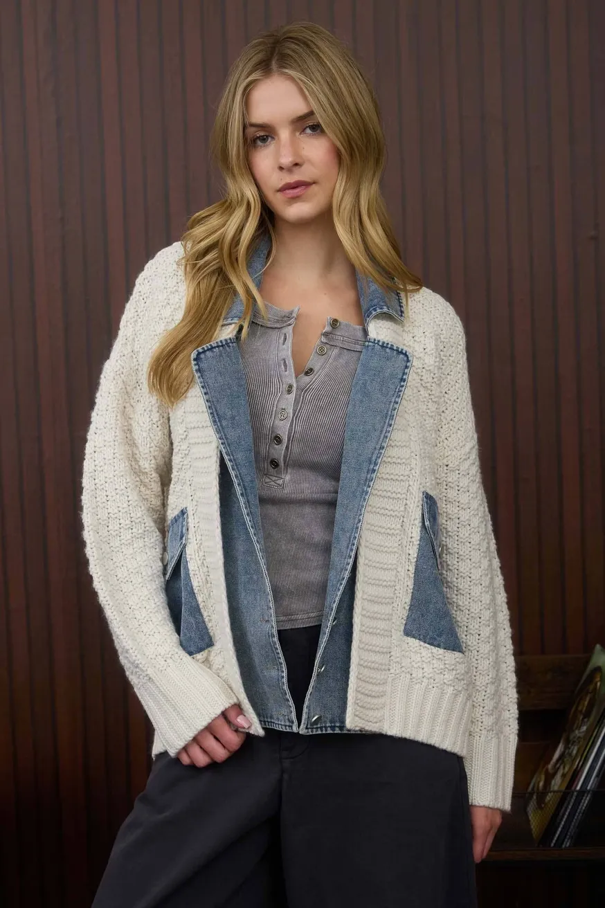 Cable Knit Denim Trim Jacket