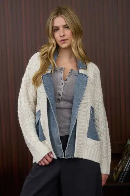 Cable Knit Denim Trim Jacket
