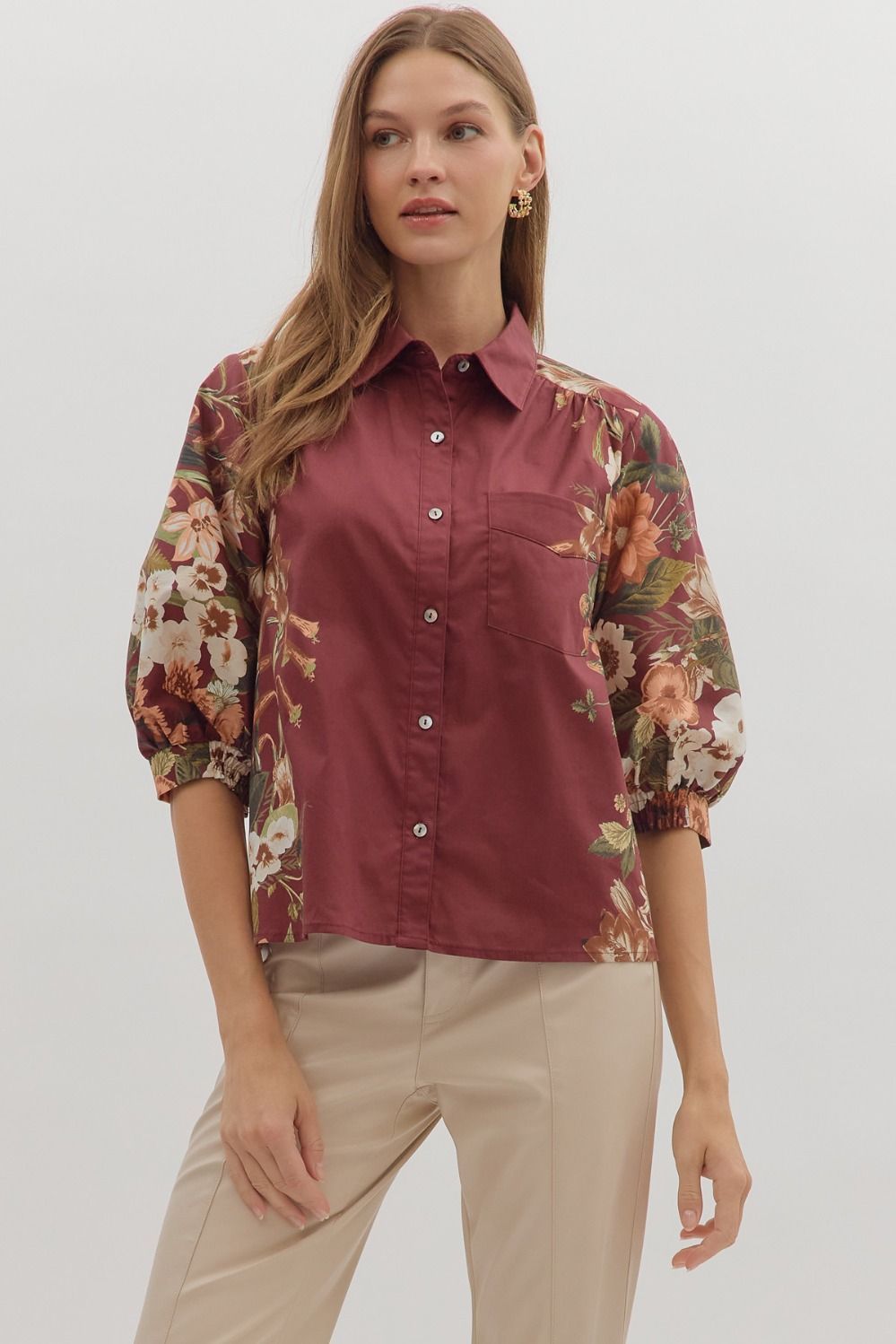 ENTRO Abby Burgundy Floral Top