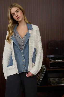 Cable Knit Denim Trim Jacket