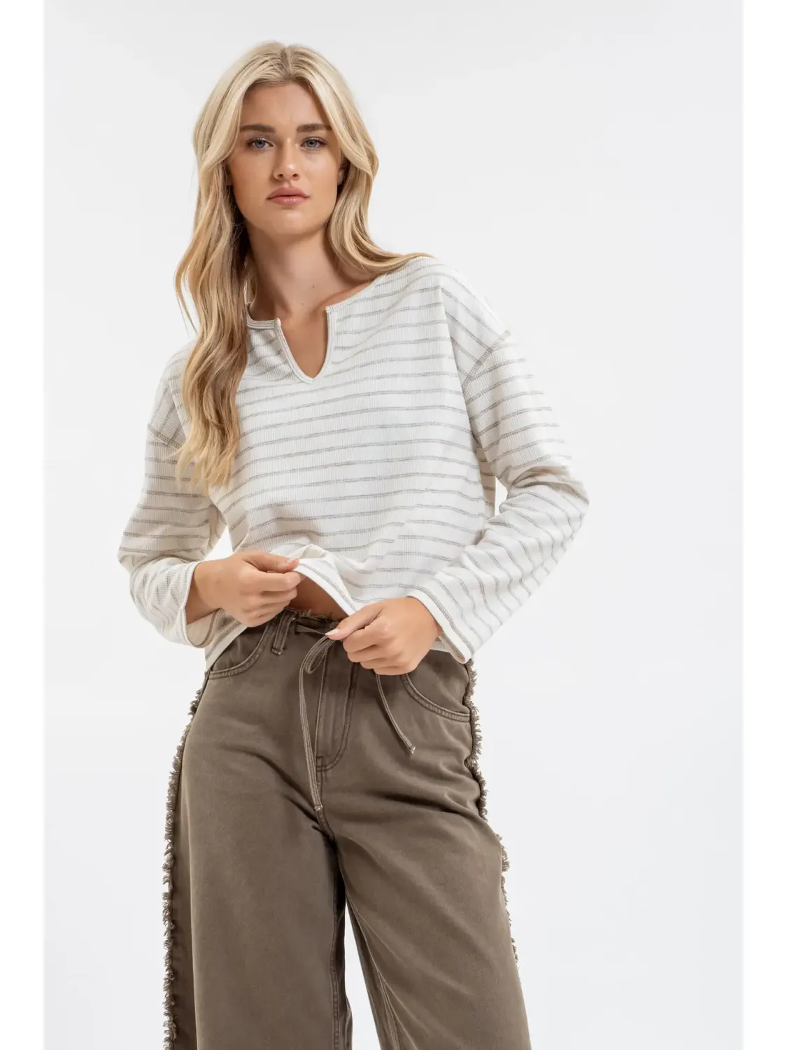 B.P Veronica Cream Split Neck Long Sleeve Top 