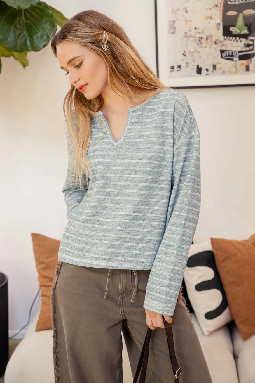 B.P Veronica Teal Split Neck Long Sleeve Top