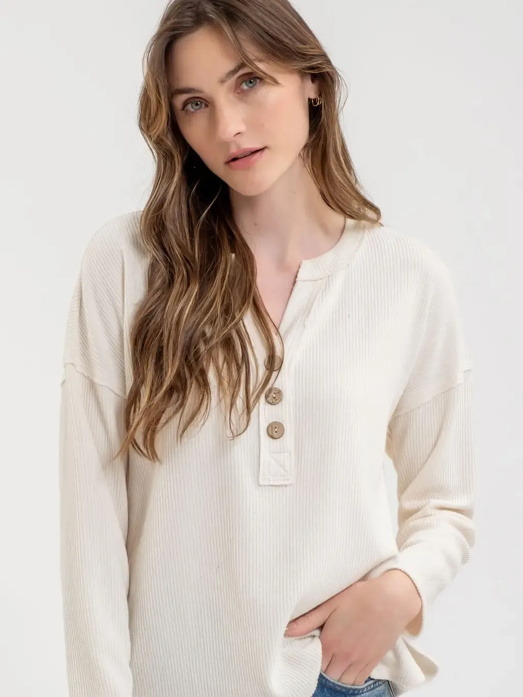 B.P Cream Lovey Button V-Neck Top