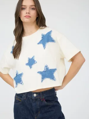 B.Pepper Denim Star Patch T-shirt-Ivory