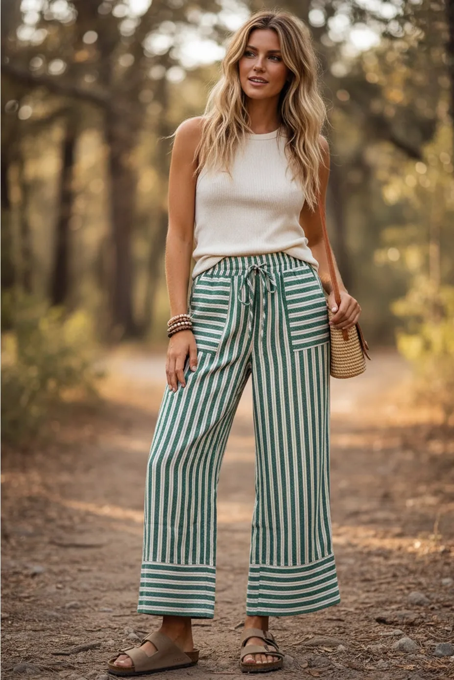 S&amp;S Woven Striped Wide Leg Pants- Green