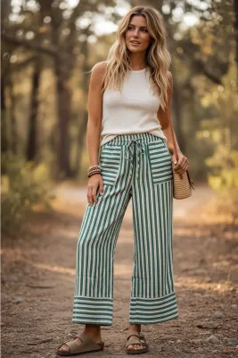 S&amp;S Woven Striped Wide Leg Pants- Green