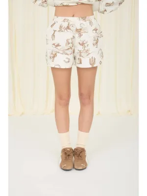 Western Print Elastic Waist Shorts