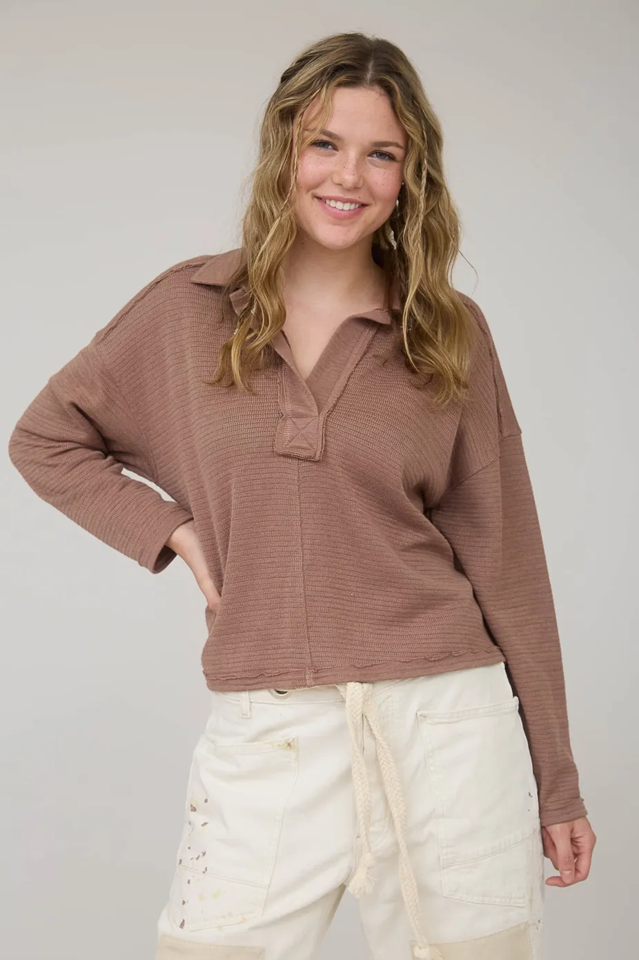 Lani Textured L/S Knit Polo- Brown