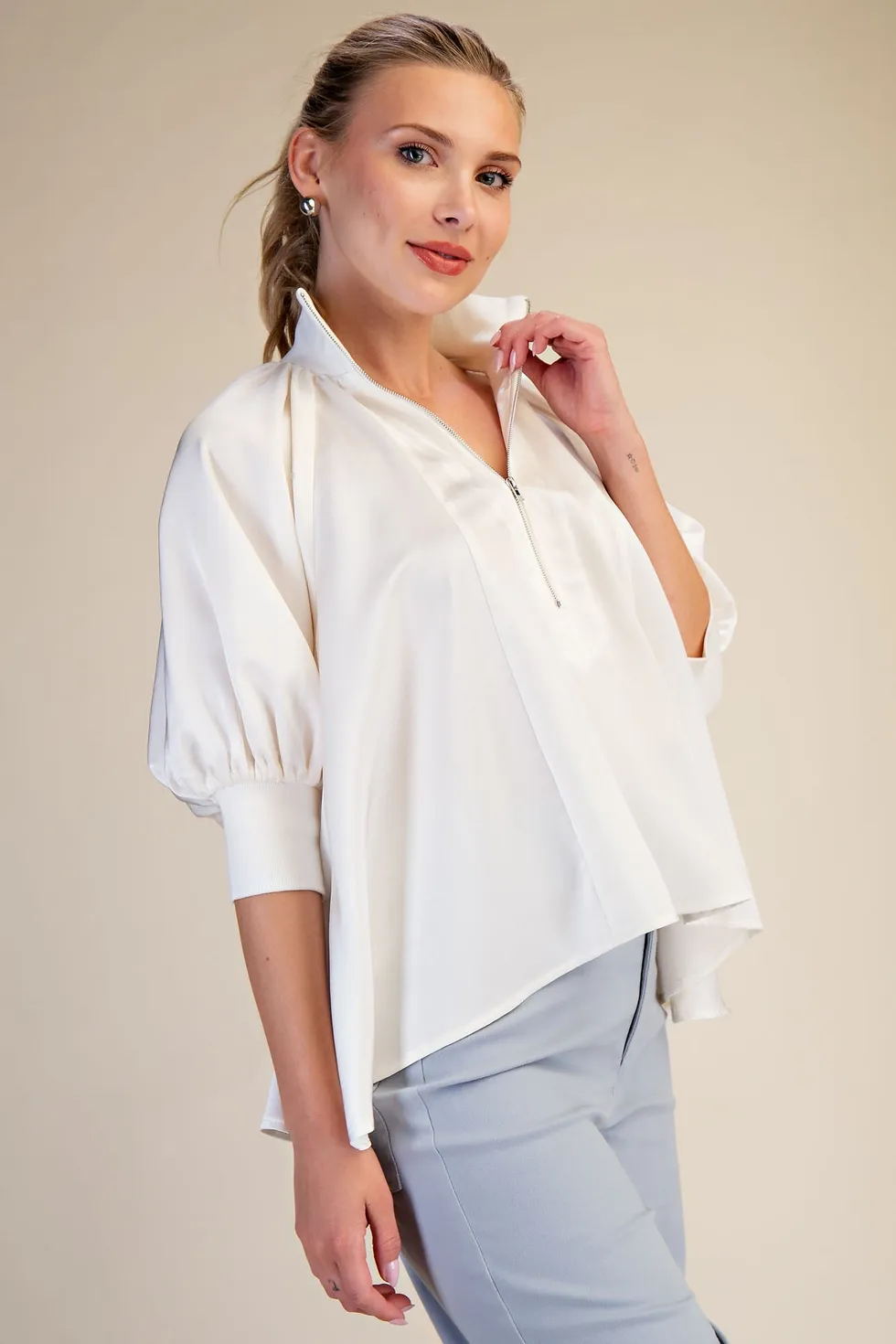 GLAM Ivory Cuffed Sleeve Half Zip Blouse