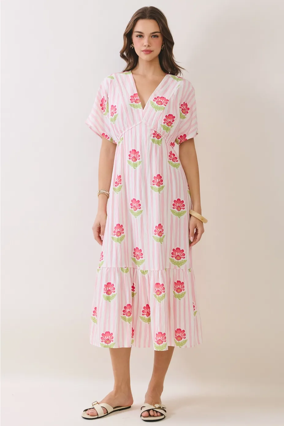 TCEC Floral Stripe V-neck Midi Dress