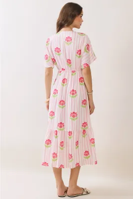 TCEC Floral Stripe V-neck Midi Dress