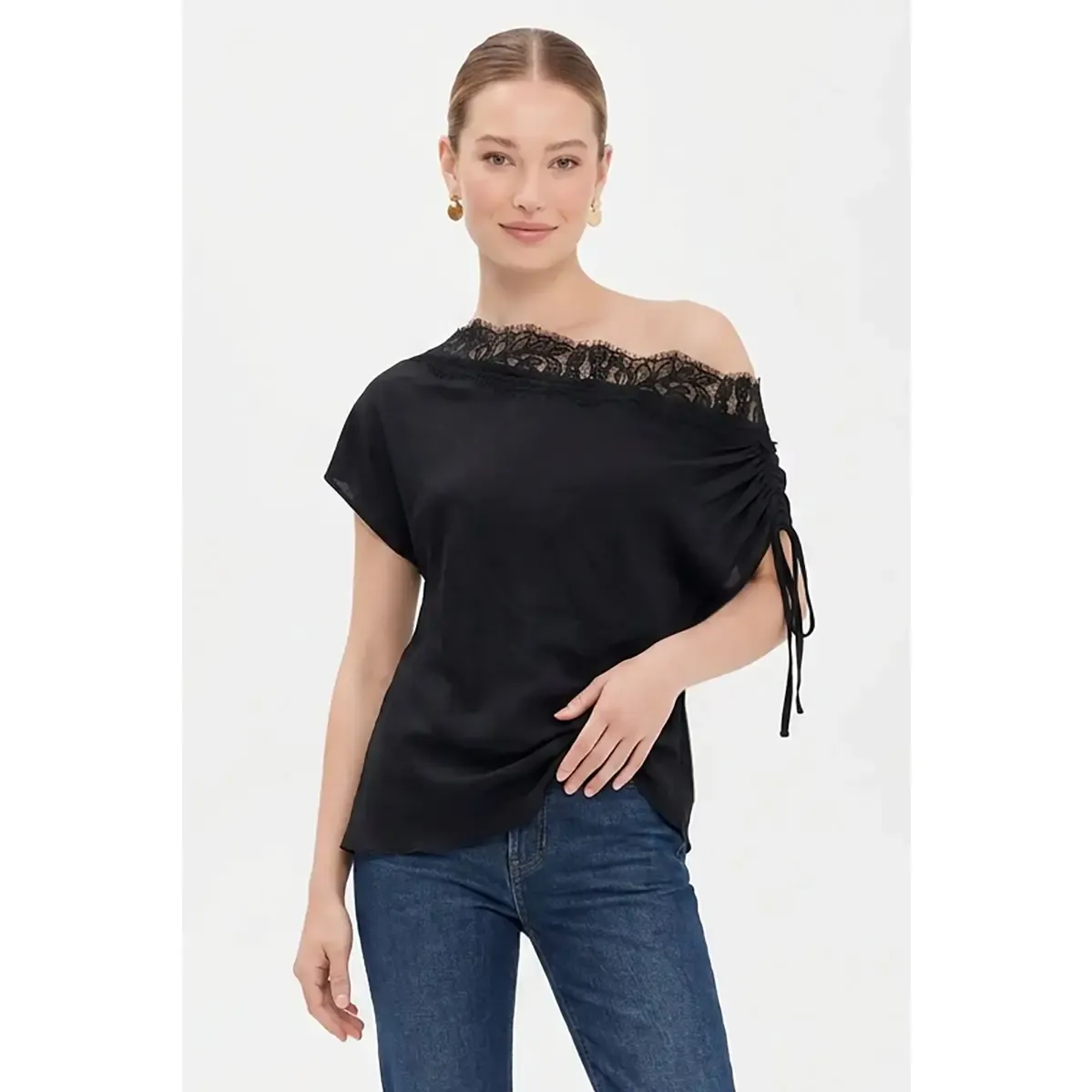 NAKED ZEBRA Off Shoulder Lace Trim Top BLACK