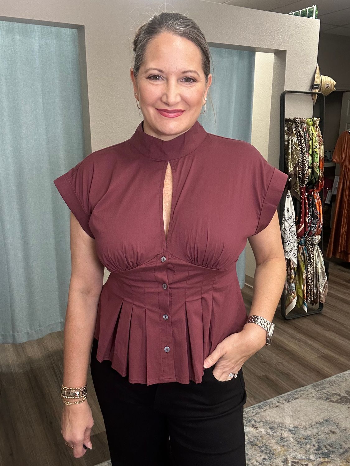 ENTRO Maroon Tie Neck Deep V Blouse